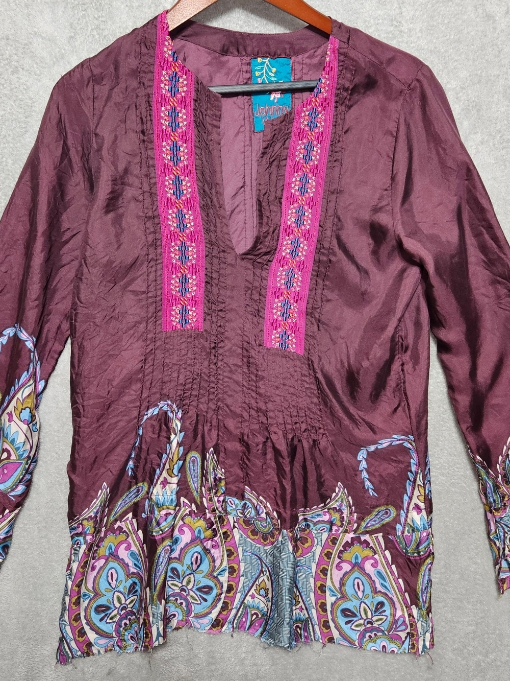 Johnny Was Plum Embroidered Paisley Tunic with Pink Trim
